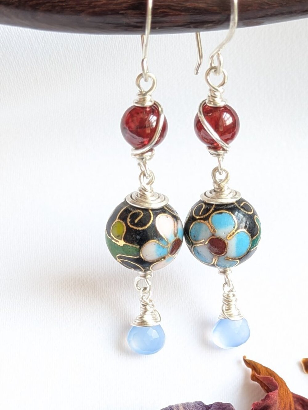 Vintage Cloisonne Earrings with Garnet and Chalcedony in Sterling Silver - Picture 9 of 14